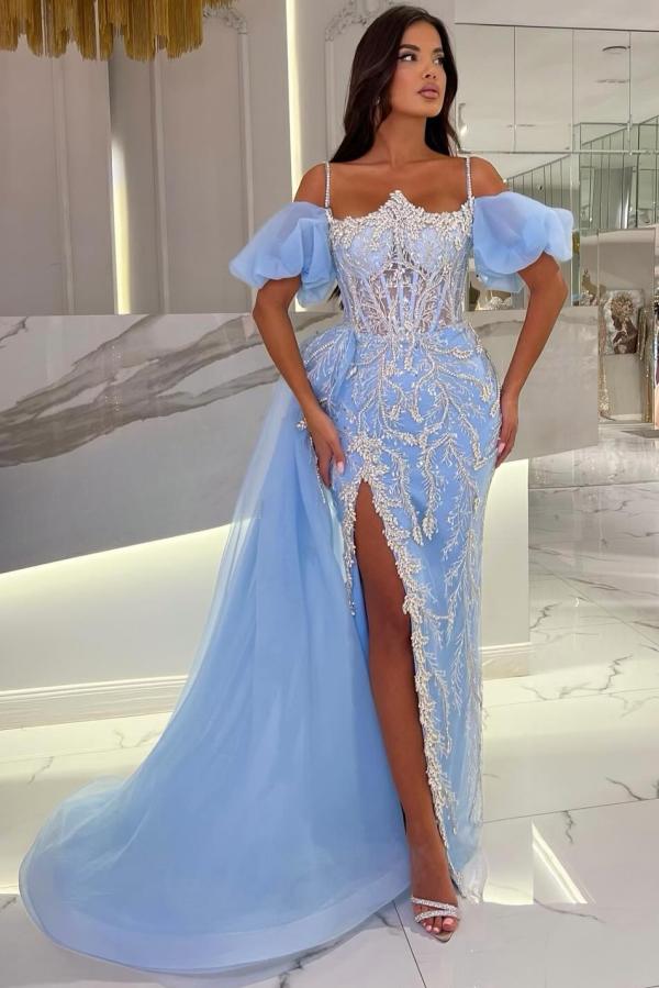 off the shoulder strap prom dresses Split Spaghetti Straps Off The Shoulder Mermaid Tulle Appliques Lace Prom Dress