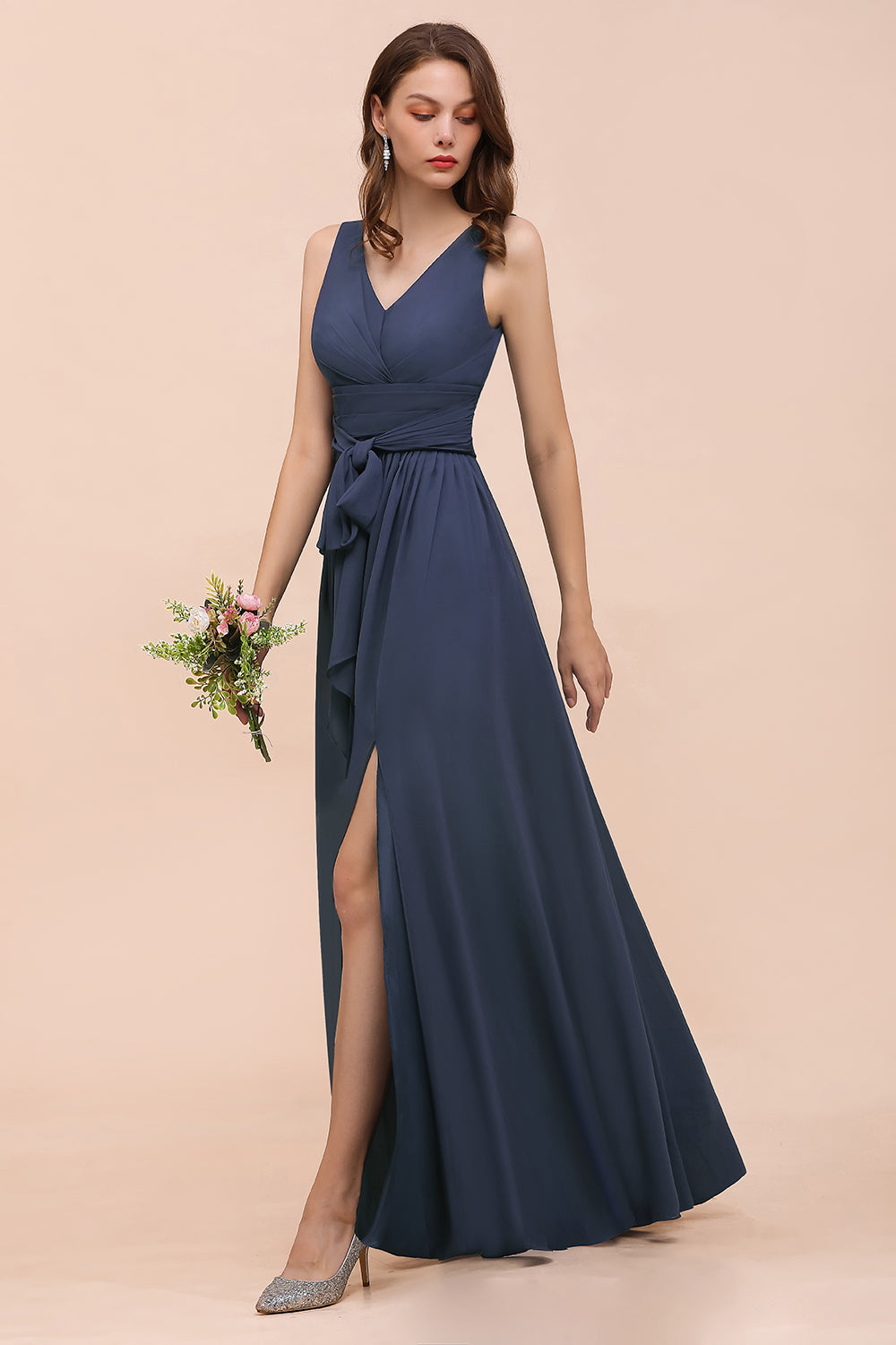 Stormy A-line V-neck Chiffon Long Bridesmaid Dress with Slit