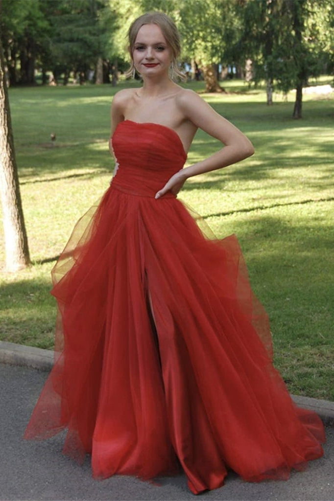 Strapless A-Line Strapless Tulle Long Red Prom Dress with Slit – BIZTUNNEL