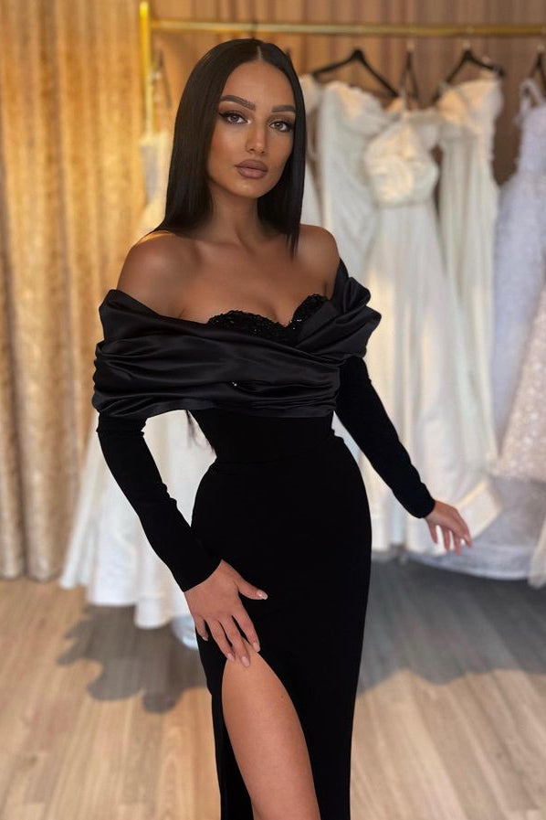 Strapless Sleek Black Mermaid Prom Dress with Long Sleeves and Stylish Slit Strapless Sleek Black Mermaid Prom Dress with Long Sleeves and Stylish Slit