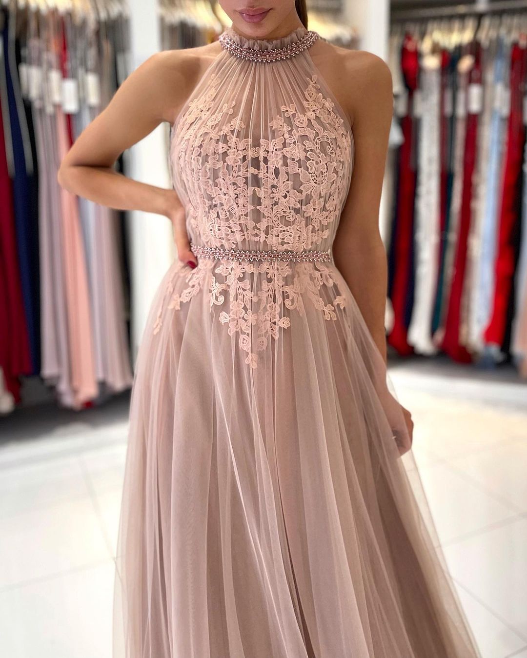 Stunning A-line High Neck Tulle Long Formal Prom Dress with Lace Appli BIZTUNNEL Stunning A-line High Neck Tulle Long Formal Prom Dress with Lace Appli BIZTUNNEL