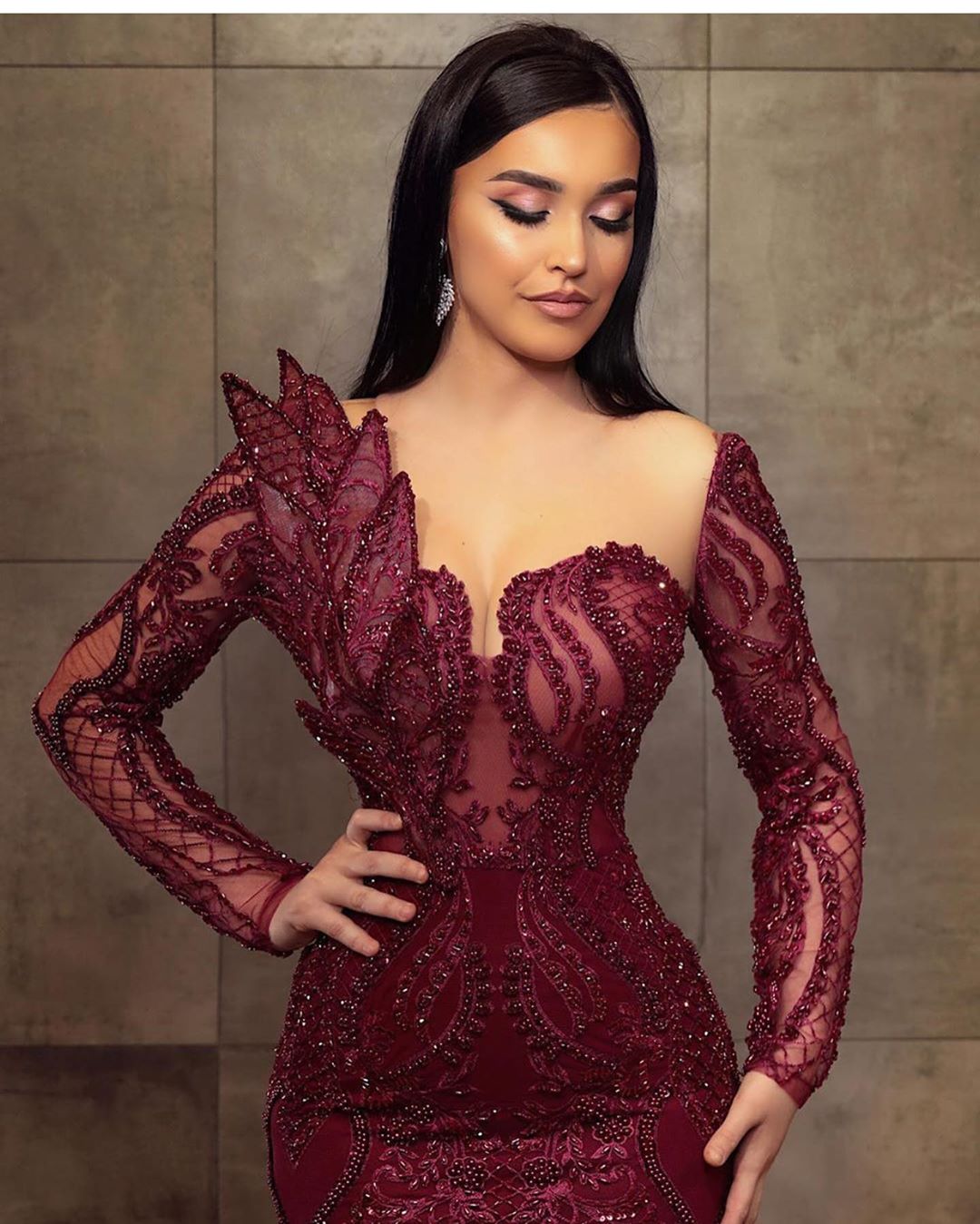 chinese dress ladies Stunning Burgundy Long Mermaid Sweetheart Lace Tulle Formal Evening Dresses