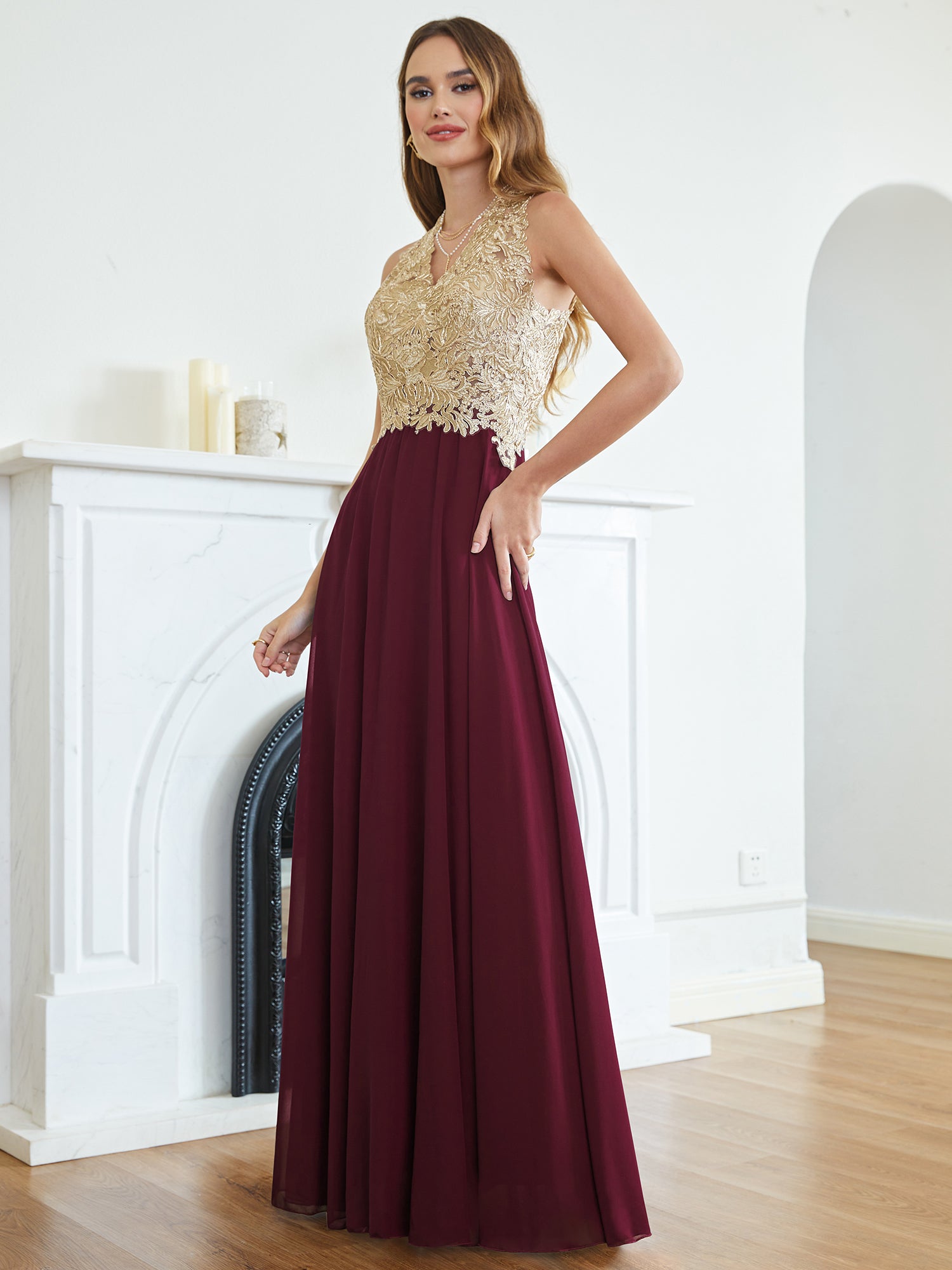 Stunning Long A Line Halter Gold Appliques Chiffon Wedding Party Dress Burgundy / US10 Stunning Long A Line Halter Gold Appliques Chiffon Wedding Party Dress Burgundy / US10