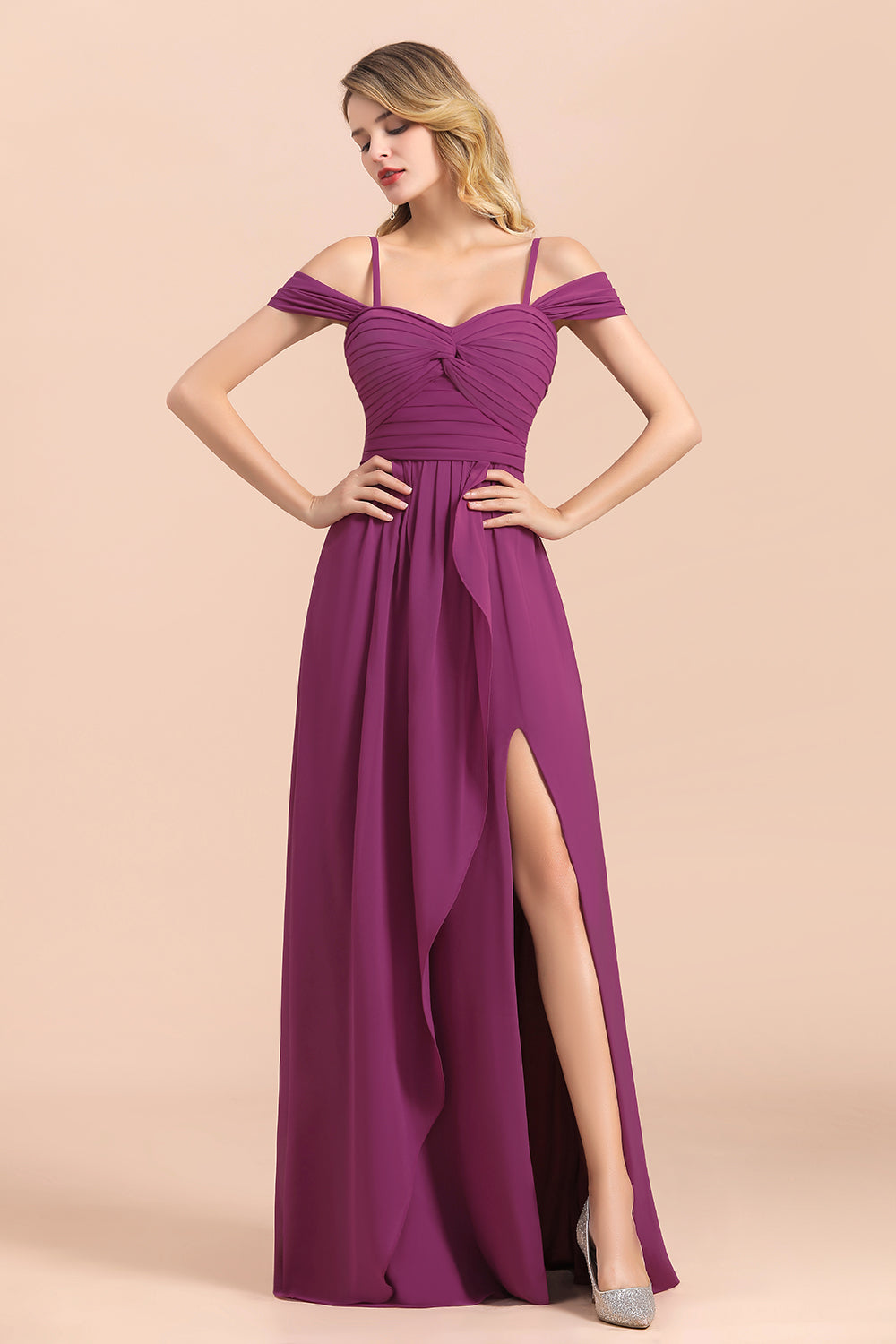 white christmas dresses Stunning Long A-Line Off-The-Shoulder Chiffon Bridesmaid Dress with Slit
