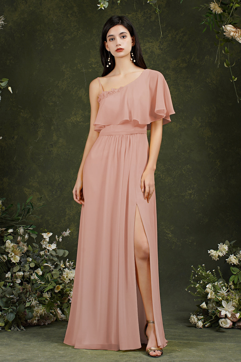 Stunning Long A-Line Spaghetti Straps Chiffon Bridesmaid Dress with Slit