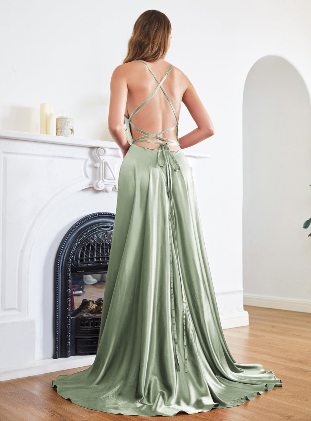 Stunning Long A-Line Spaghetti Straps Satin Floor Length Prom Dress with Side Slit Champagne / US10