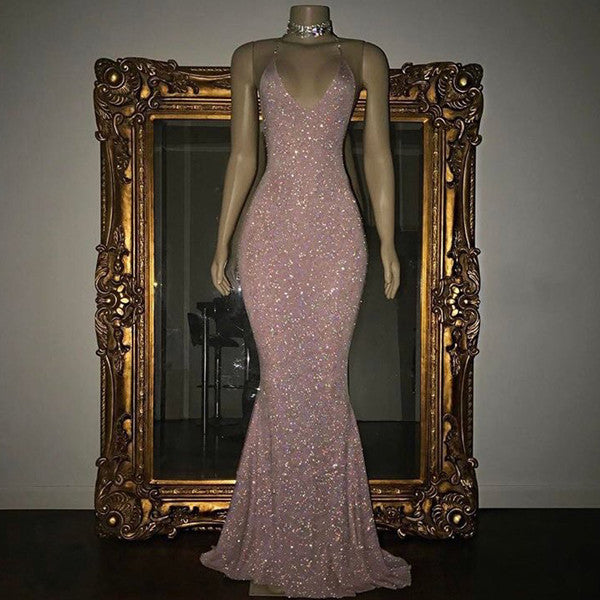 Stunning Long Halter Spaghetti Straps Sequined Mermaid Prom Dress BIZTUNNEL Stunning Long Halter Spaghetti Straps Sequined Mermaid Prom Dress BIZTUNNEL