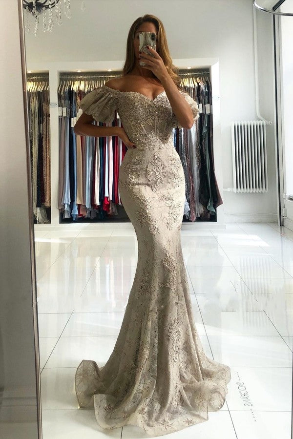 Stunning Long Off-The-Shoulder Lace Mermaid Prom Dress with Puffy Sleeves Stunning Long Off-The-Shoulder Lace Mermaid Prom Dress with Puffy Sleeves