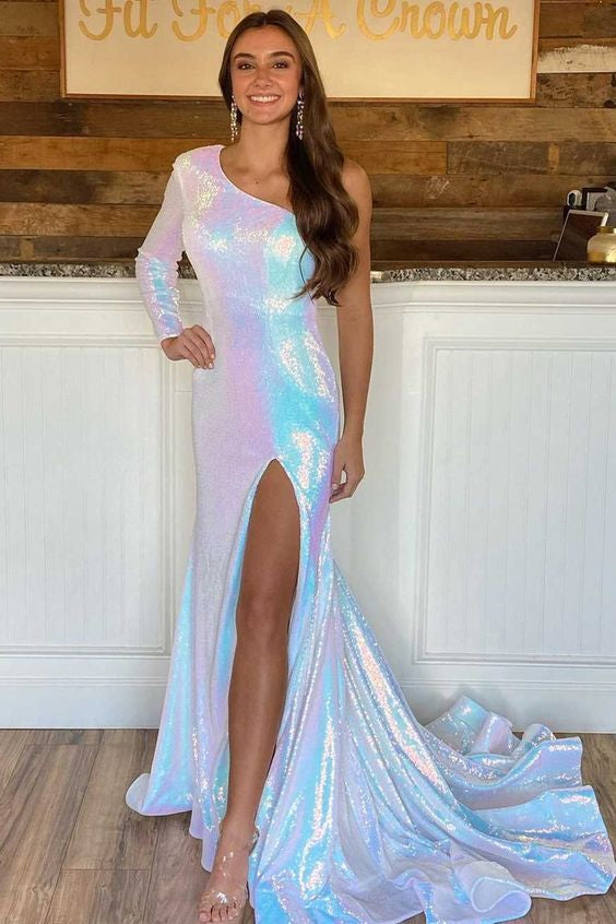 Stunning Long Sleeves Mermaid One Shoulder Prom Dresses with High Spli –  BIZTUNNEL