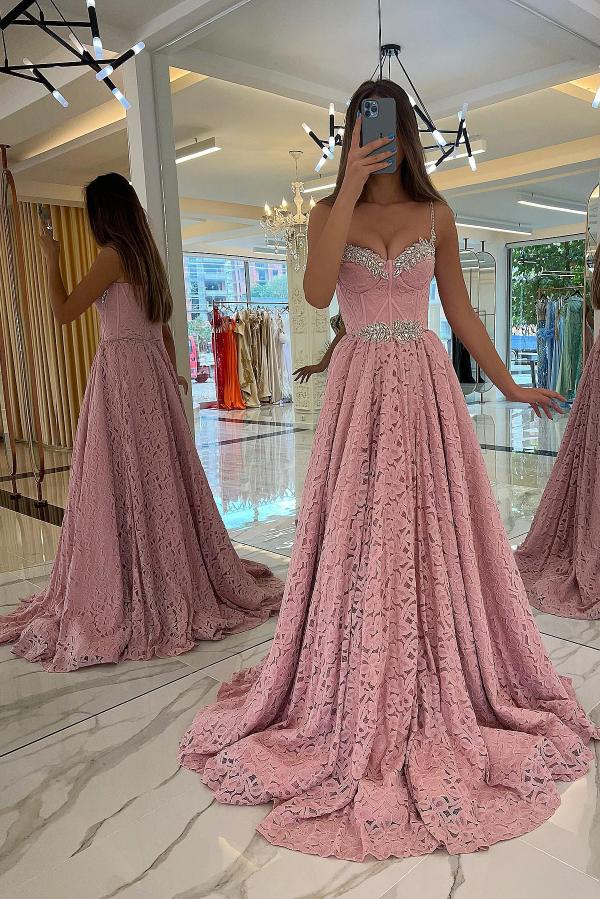 Stunning Pink Long A-Line Sweetheart Beadings Lace Prom Dresses Stunning Pink Long A-Line Sweetheart Beadings Lace Prom Dresses