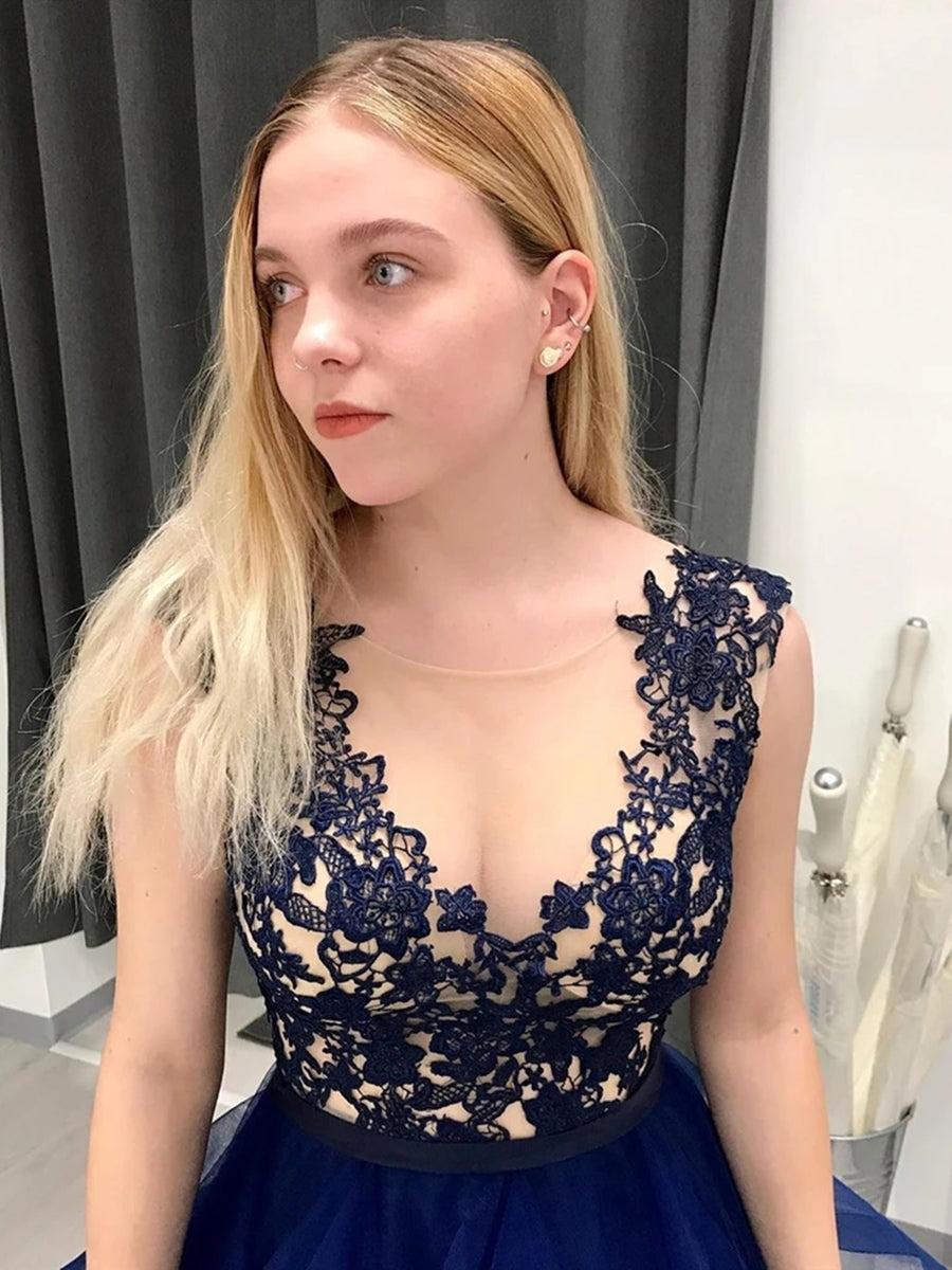 Stylish A-line V-neck Lace Fluffy Tulle Long Prom Formal Dresses Stylish A-line V-neck Lace Fluffy Tulle Long Prom Formal Dresses