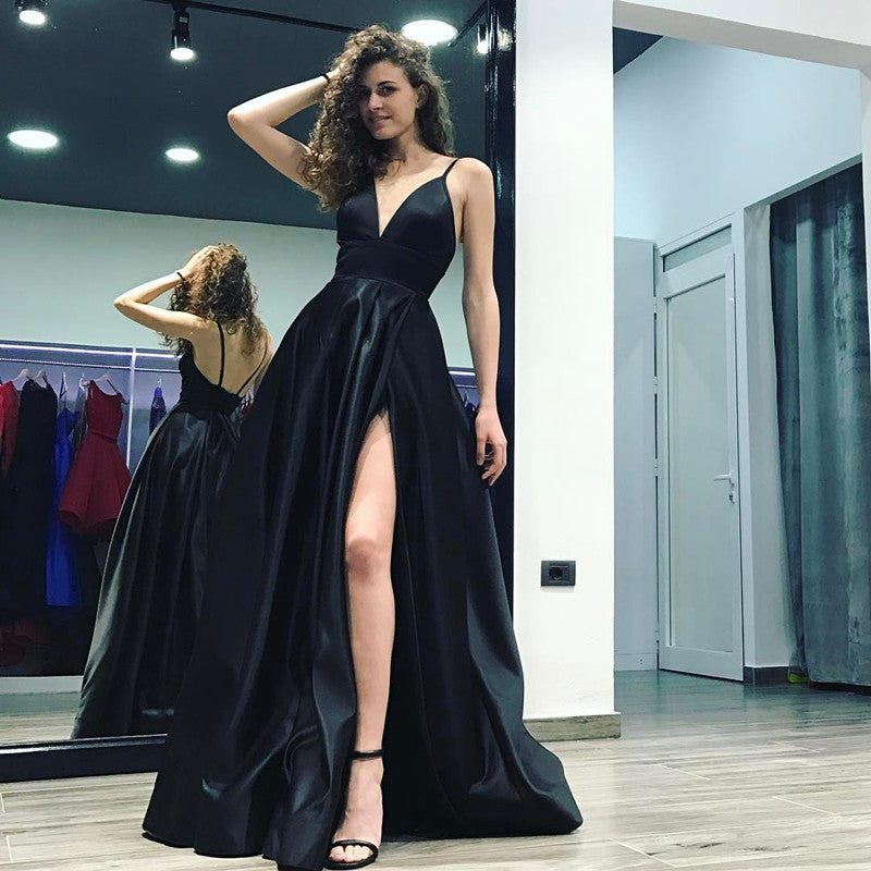 blue dress for baby girl A Line V Neck Black/Burgundy Satin Long Prom Dresses with High Slit, L –  Eip Collection main image 0