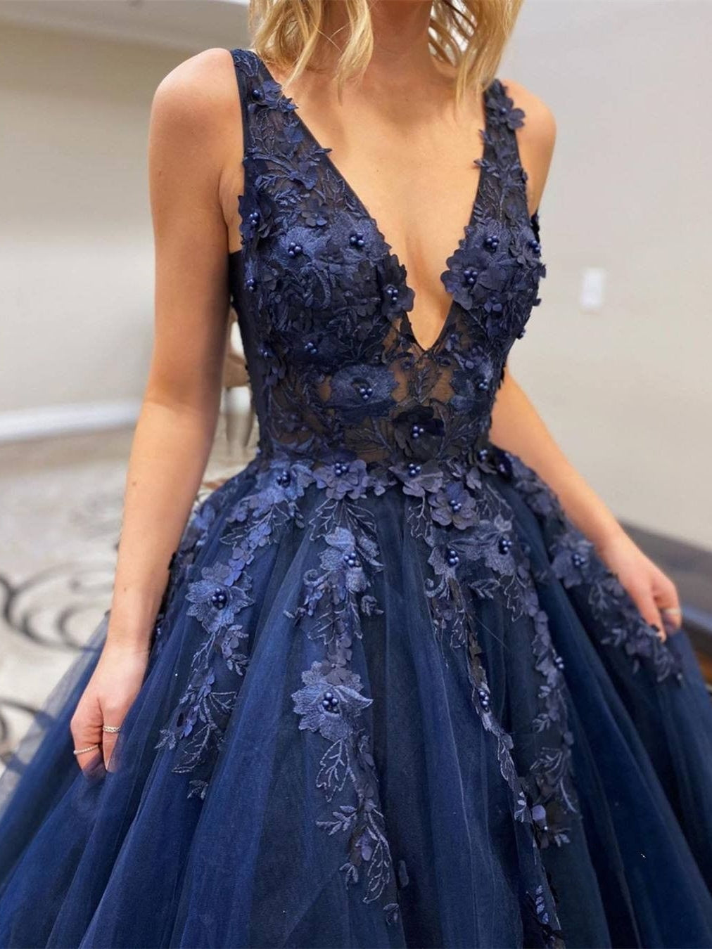 Stylish A-line V Neck Tulle Lace Long Formal Prom Dresses BIZTUNNEL Stylish A-line V Neck Tulle Lace Long Formal Prom Dresses BIZTUNNEL