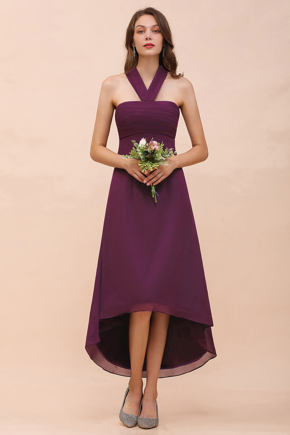 Stylish Grape A-Line Halter Chiffon High Low Bridesmaid Dress