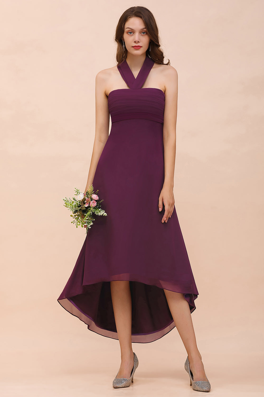 blue dress for baby girl Grape Bridesmaid Dress Simple Spaghetti Straps Elegant V-Neck Floor Length  Stretch Satin Bridesmaid Dress With Slit main image 1