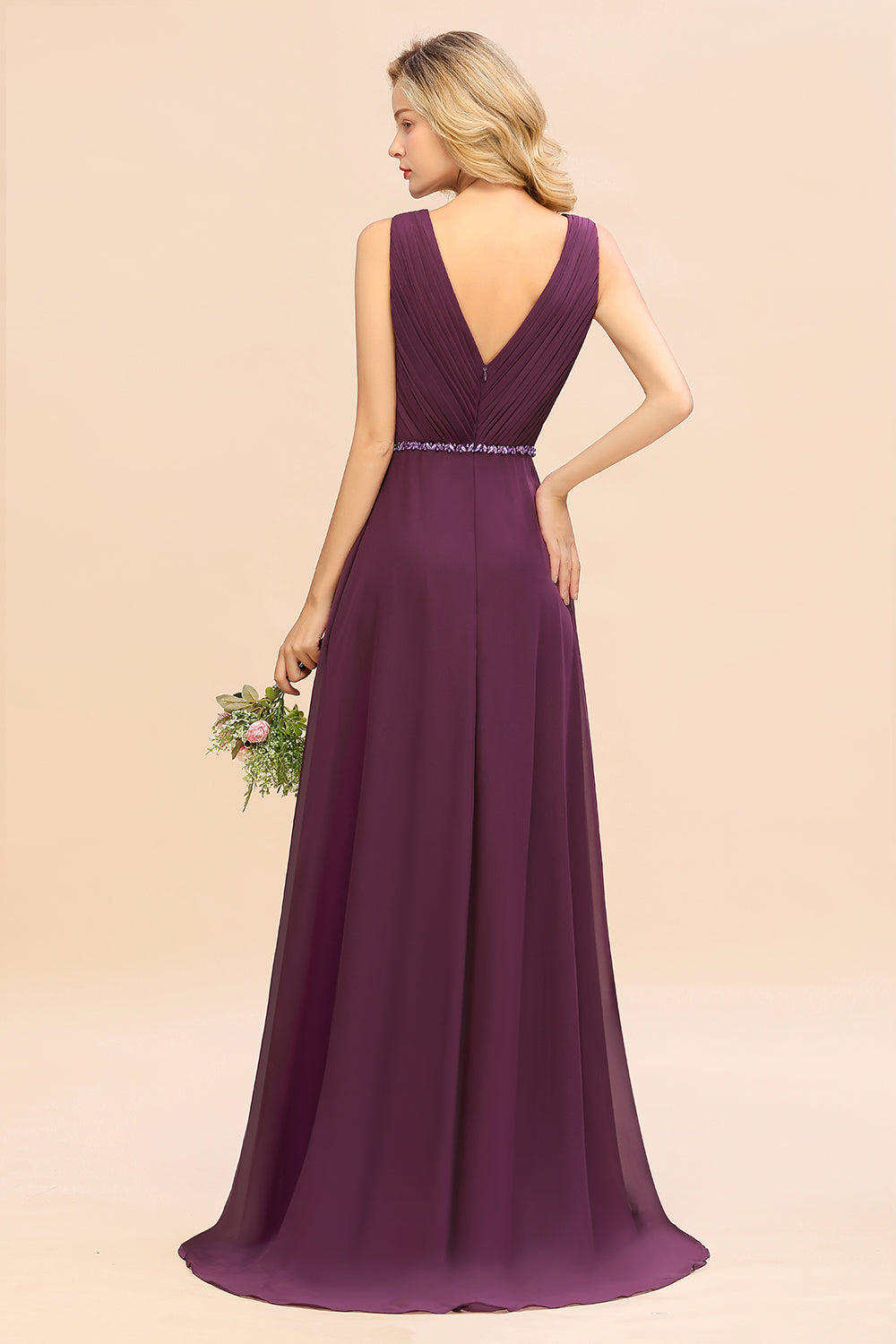 Stylish High Low A-Line Deep V-Neck Backless Chiffon Bridesmaid Dress