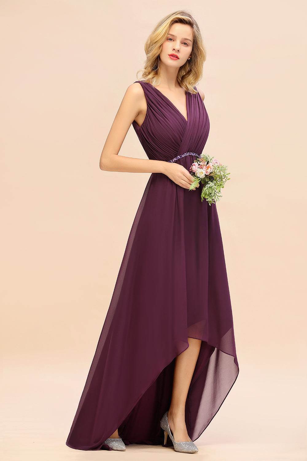Stylish High Low A-Line Deep V-neck Backless Chiffon Bridesmaid Dress –  BIZTUNNEL