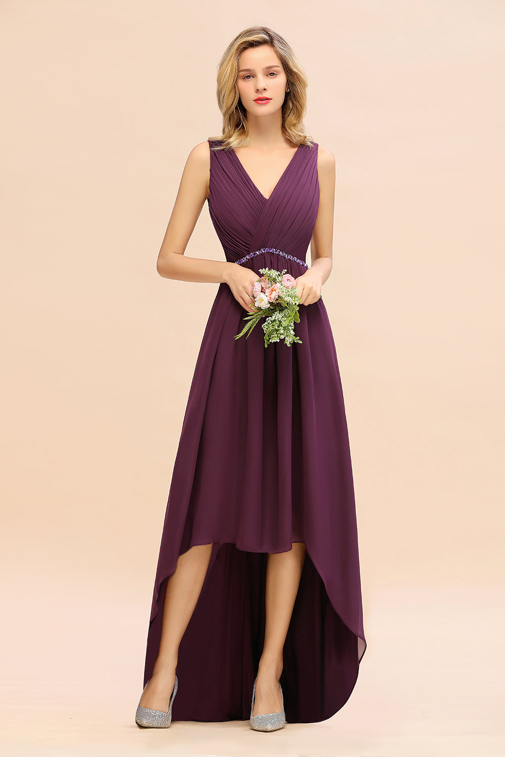 Stylish High Low A-Line Deep V-Neck Backless Chiffon Bridesmaid Dress Stylish High Low A-Line Deep V-Neck Backless Chiffon Bridesmaid Dress