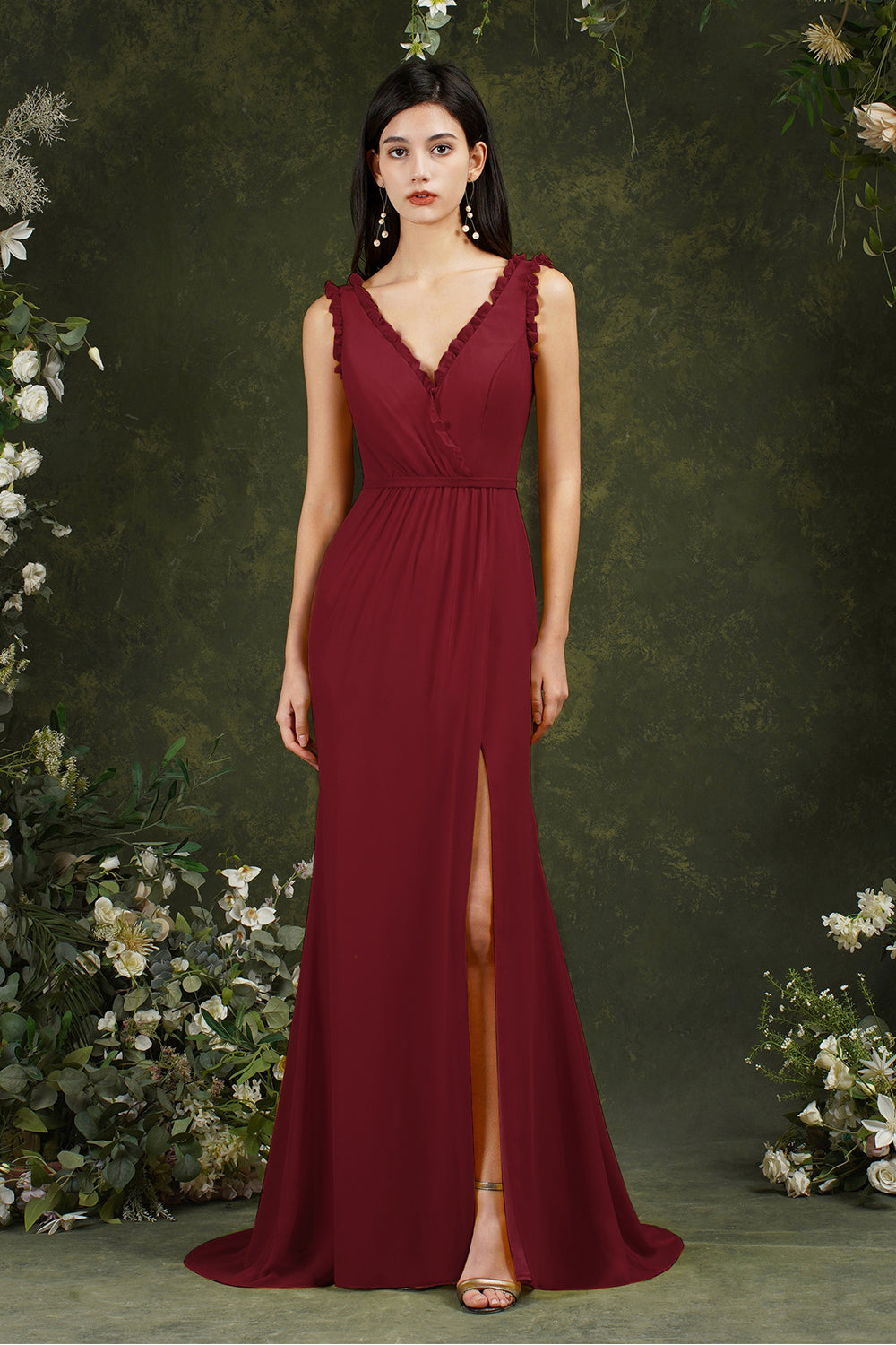 Deep V-neck Long Backless Long Maroon Bridesmaid Dresses with Split UQB0006 main image 1