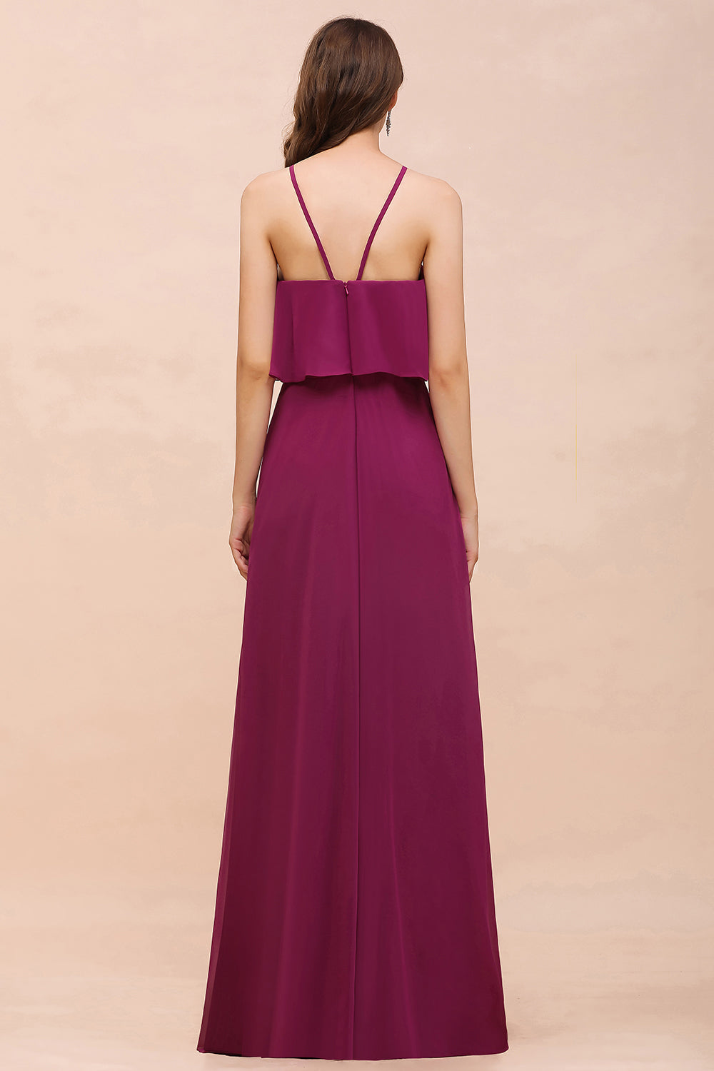 Stylish Mulberry A-line Chiffon Halter Long Bridesmaid Dress with Pockets