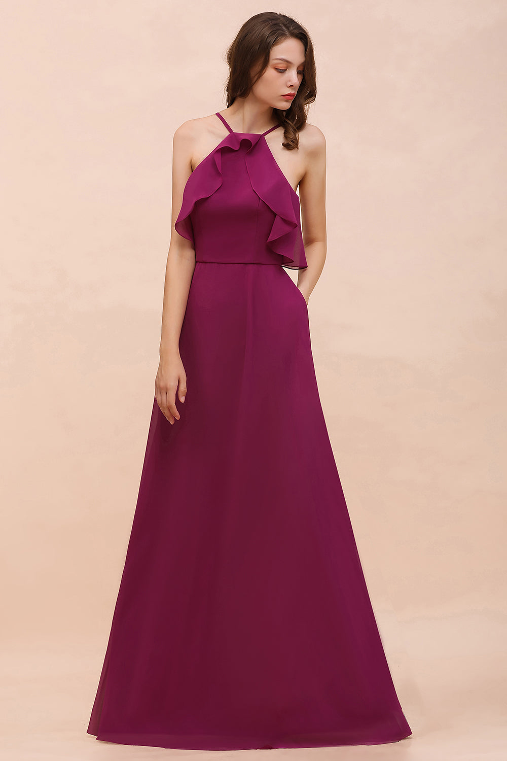 Stylish Mulberry A-line Chiffon Halter Long Bridesmaid Dress with Pockets Stylish Mulberry A-line Chiffon Halter Long Bridesmaid Dress with Pockets