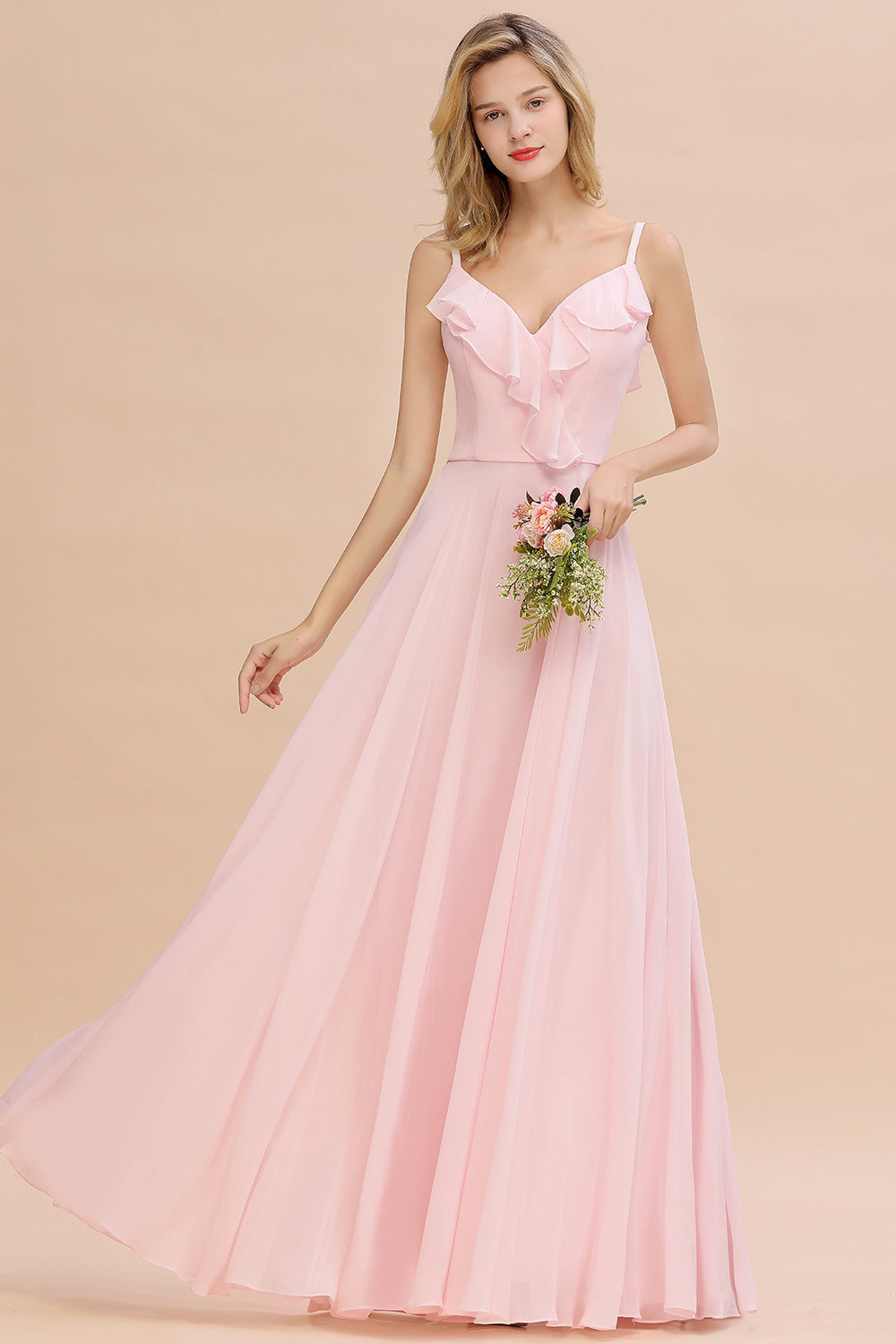 Stylish Pink Long V-neck A-line Chiffon Open Back Bridesmaid Dress-BIZTUNNEL