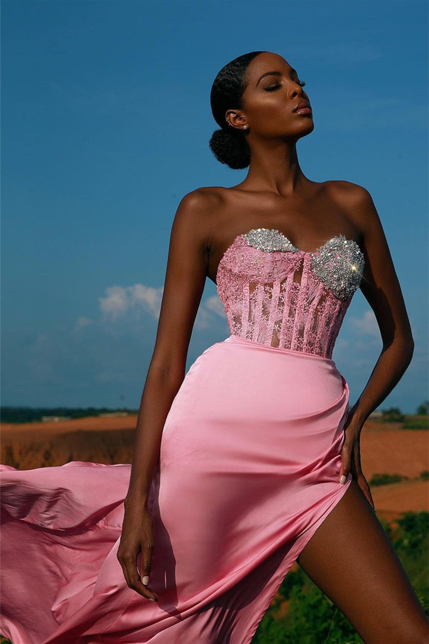 Sweetheart Pink Split Mermaid Evening Dress with Beadings and Lace Appliques Sweetheart Pink Split Mermaid Evening Dress with Beadings and Lace Appliques