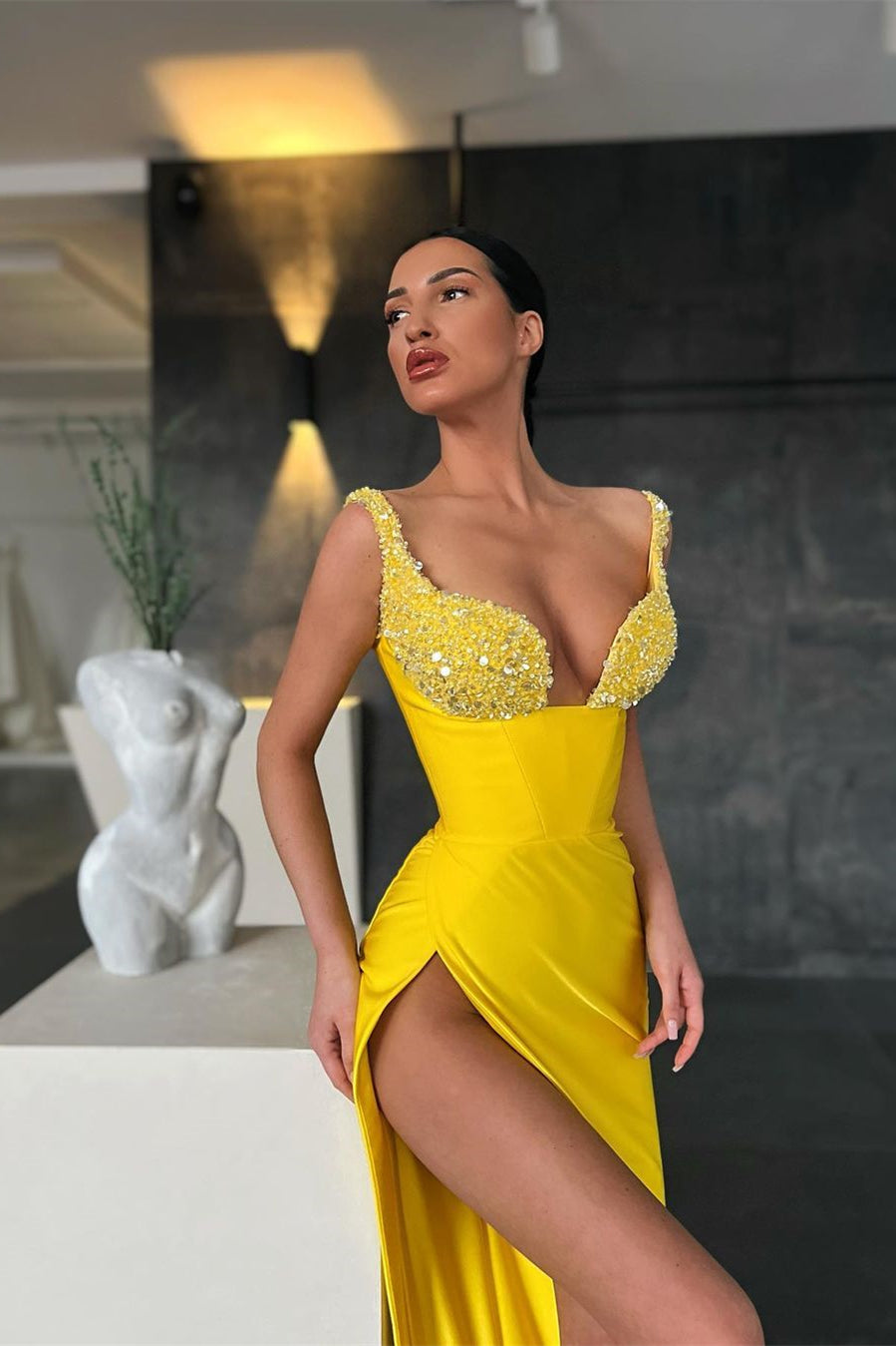 Sweetheart Yellow Mermaid Prom Dress with Slit and Beads Sweetheart Yellow Mermaid Prom Dress with Slit and Beads