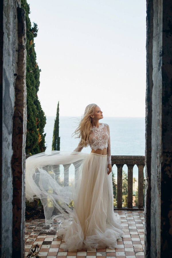 knee length dresses for ladies Two Piece A-Line Long Lace Tulle Wedding Dress with Sleeves