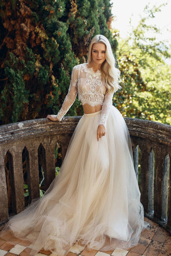 knee length dresses for ladies Two Piece A-Line Long Lace Tulle Wedding Dress with Sleeves