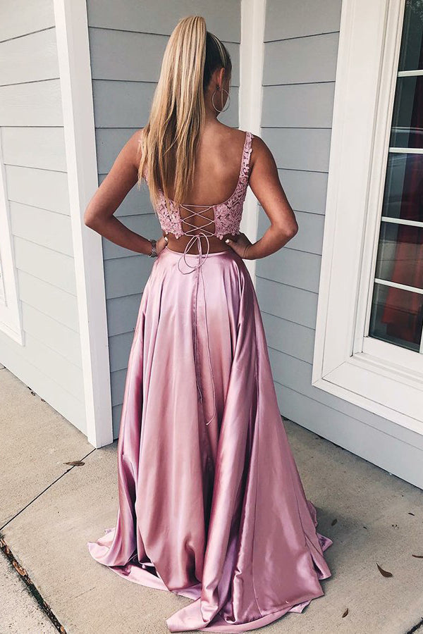 navy blue dress for baby girl A-Line Two Pieces Tulle Pink Long Prom Dress, Pink Formal Evening Dres –  dresstby main image 0