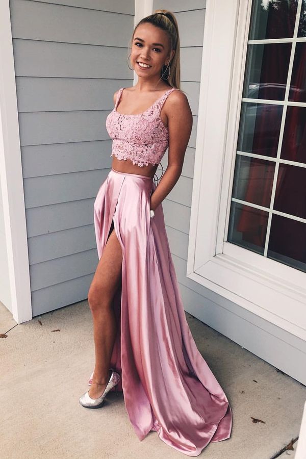 Two Piece Long A-Line Square Neckline Front Slit Prom Dress With Pockets Two Piece Long A-Line Square Neckline Front Slit Prom Dress With Pockets