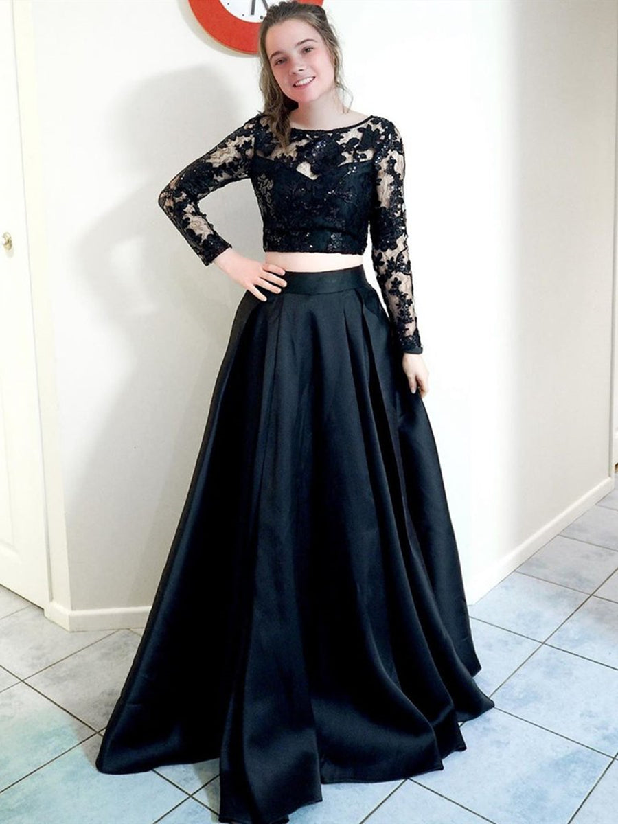 Two Pieces Black Long A-line Round Neck Satin Lace Formal Prom Dresses with Sleeves Two Pieces Black Long A-line Round Neck Satin Lace Formal Prom Dresses with Sleeves