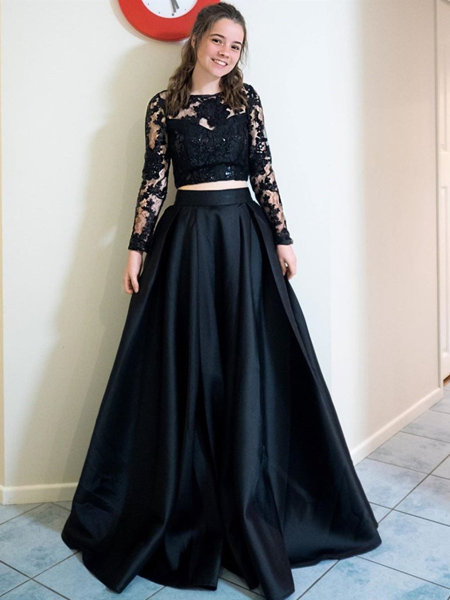 Two Pieces Black Long A-Line Round Neck Satin Lace Formal Prom Dresses with Sleeves Two Pieces Black Long A-Line Round Neck Satin Lace Formal Prom Dresses with Sleeves