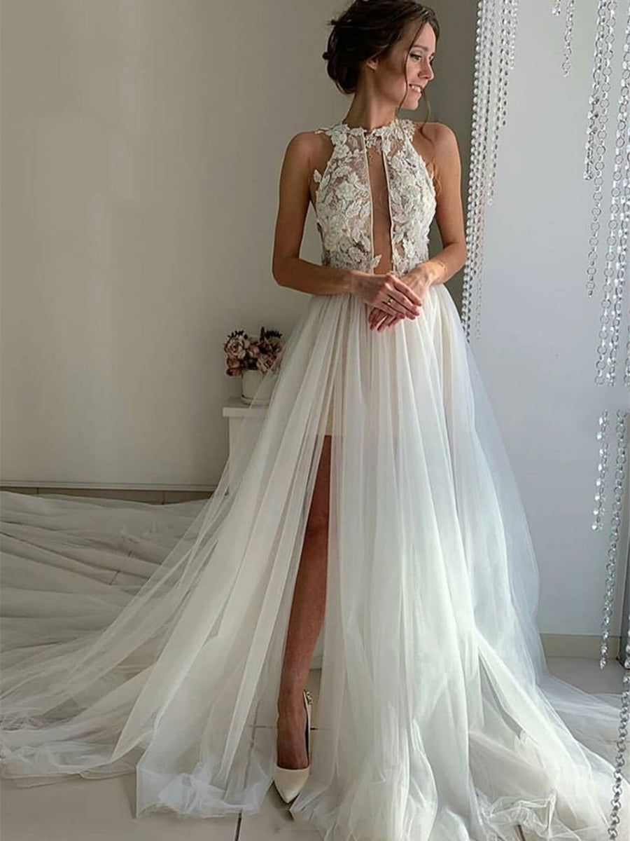 Unique A-line High Neck Lace Tulle Long Wedding Dresses with Slit BIZTUNNEL Unique A-line High Neck Lace Tulle Long Wedding Dresses with Slit BIZTUNNEL