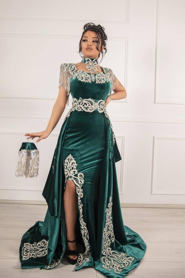 green emerald velvet dress Crystals Dark Green Velvet Strapless High Slit Custom Mermaid Dress main image 1