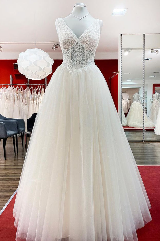 Unique Ivory Long Princess V-Neck Tulle Lace Wedding Dress