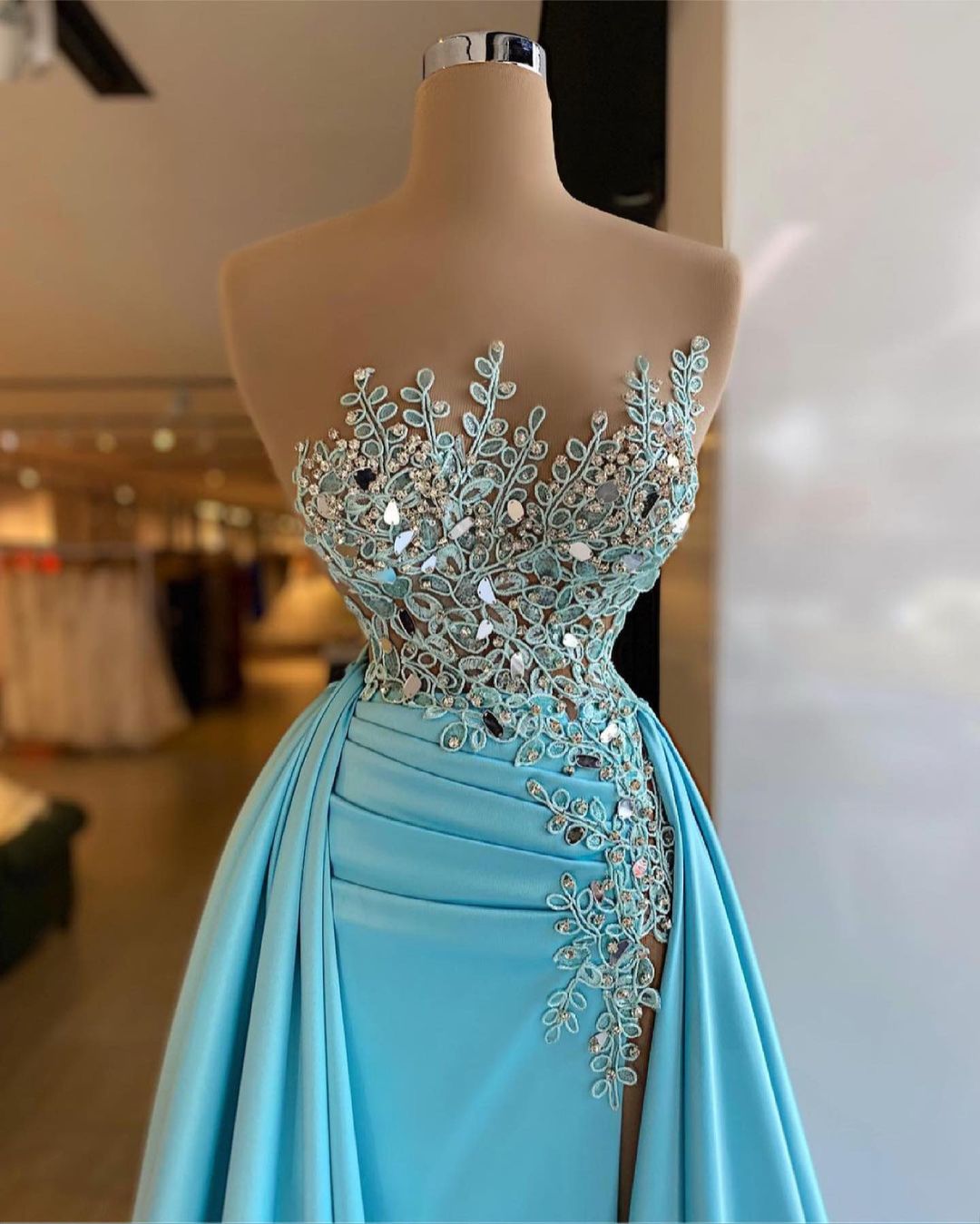 Unique Long A-Line Bateau Appliques Crystal Ruffles Prom Dress