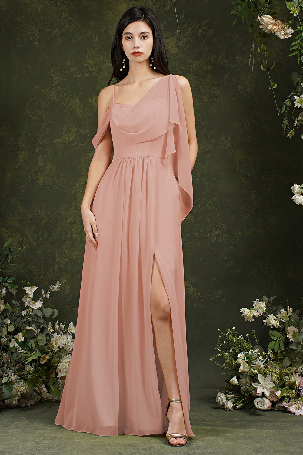 Unique Long A-line Chiffon Front Slit Bridesmaid Dress With Pockets