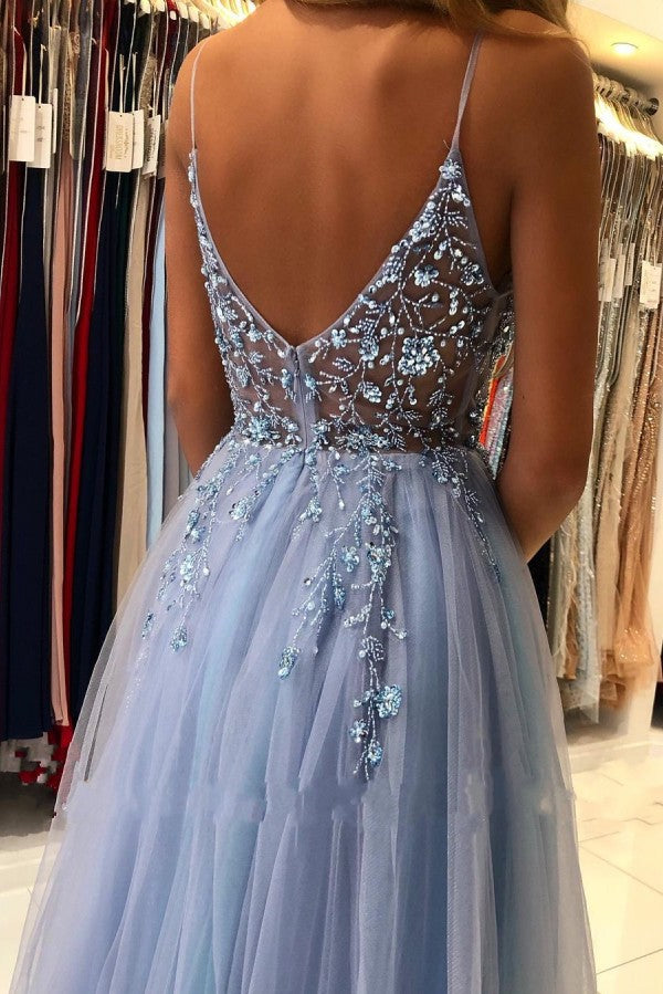 Unique Long A-Line V-Neck Tulle Open Back Prom Dress with Slit