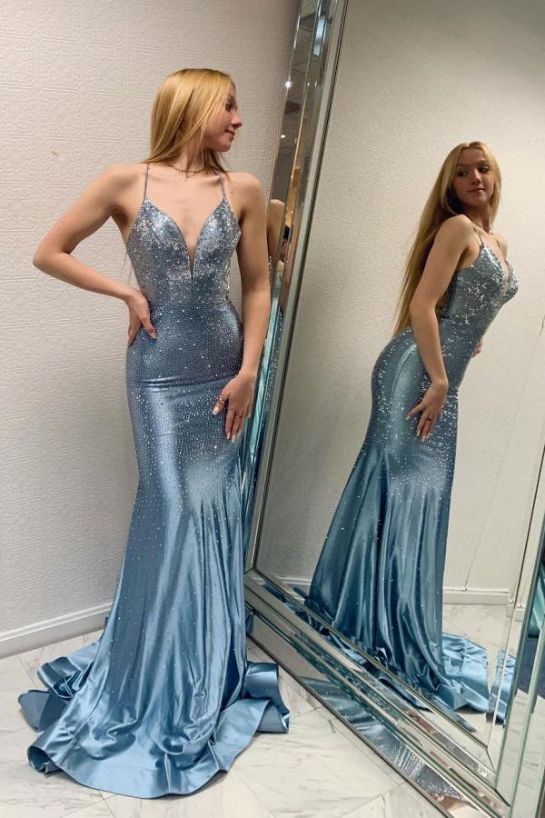 Unique Long V-Neck Glitter Backless Mermaid Prom Dress