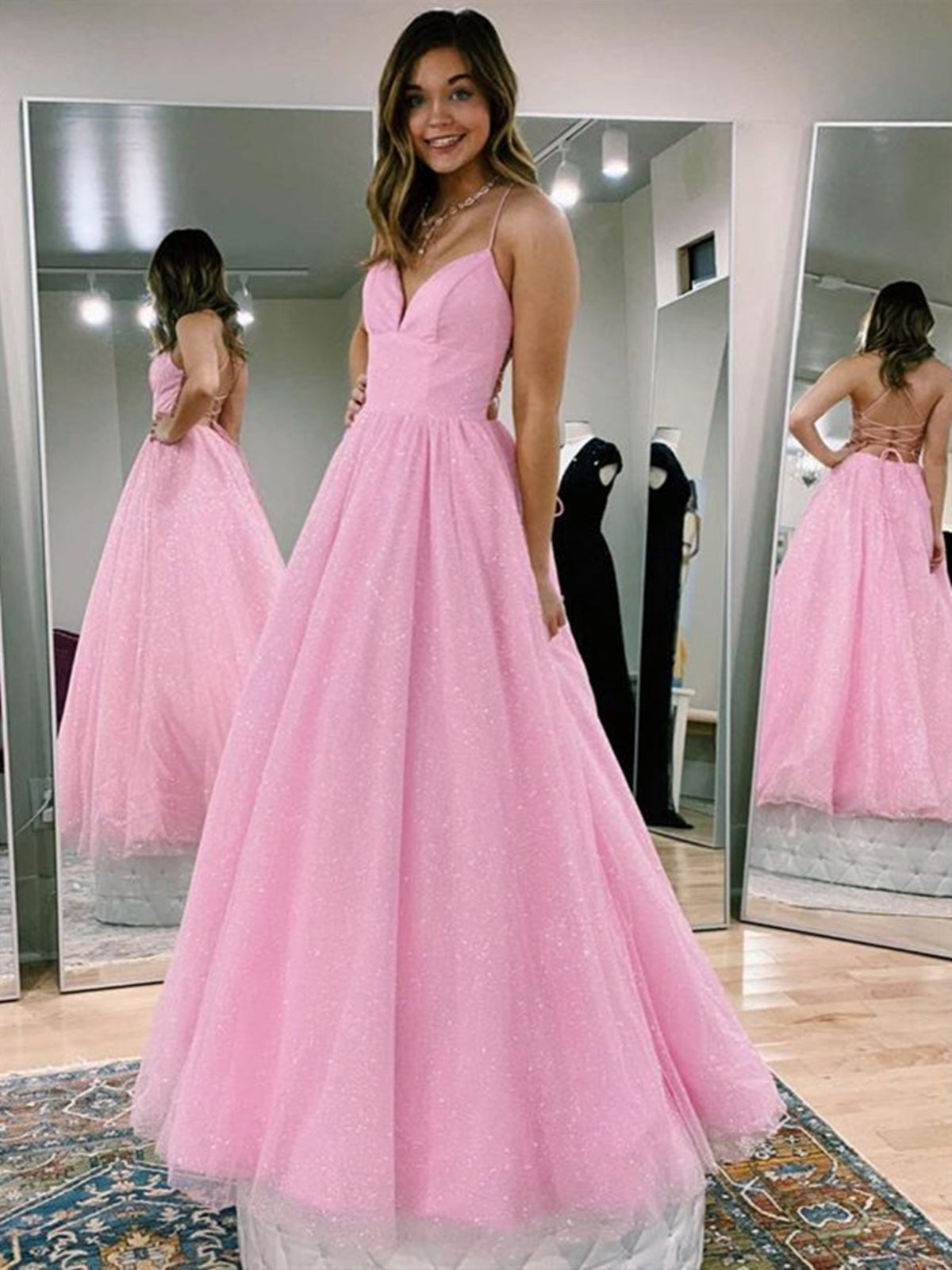 open lace back dress Strapless Layered Light Pink Tulle Long Prom Dresses-Bridelily main image 1