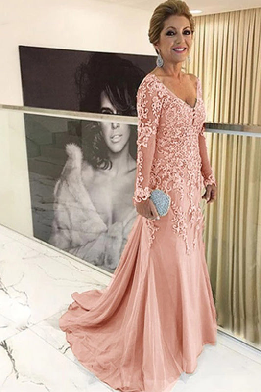 V-neck Long Sleeves Mother Of The Bride Dress with Lace Applique V-neck Long Sleeves Mother Of The Bride Dress with Lace Applique