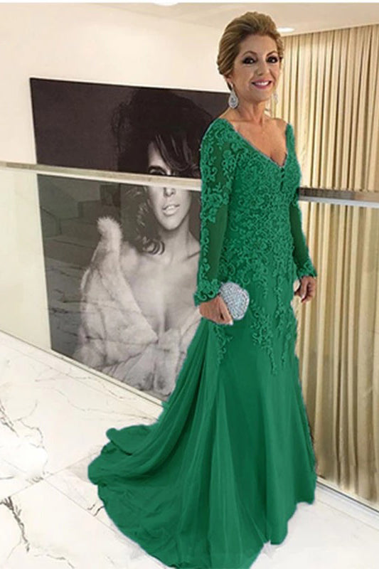 V-neck Long Sleeves Mother Of The Bride Dress with Lace Applique – BIZTUNNEL
