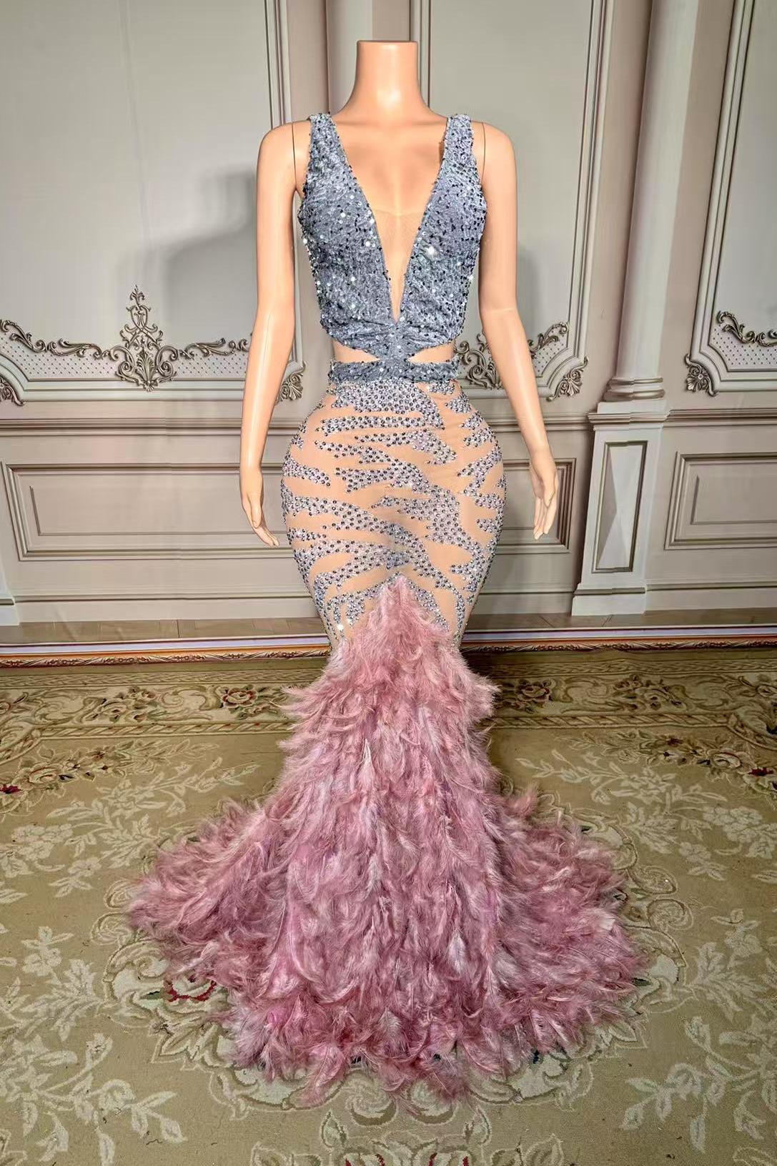 knee length dresses for ladies Pink Rhinestone Chapel Feather Train Mermaid Prom Dress main image 1