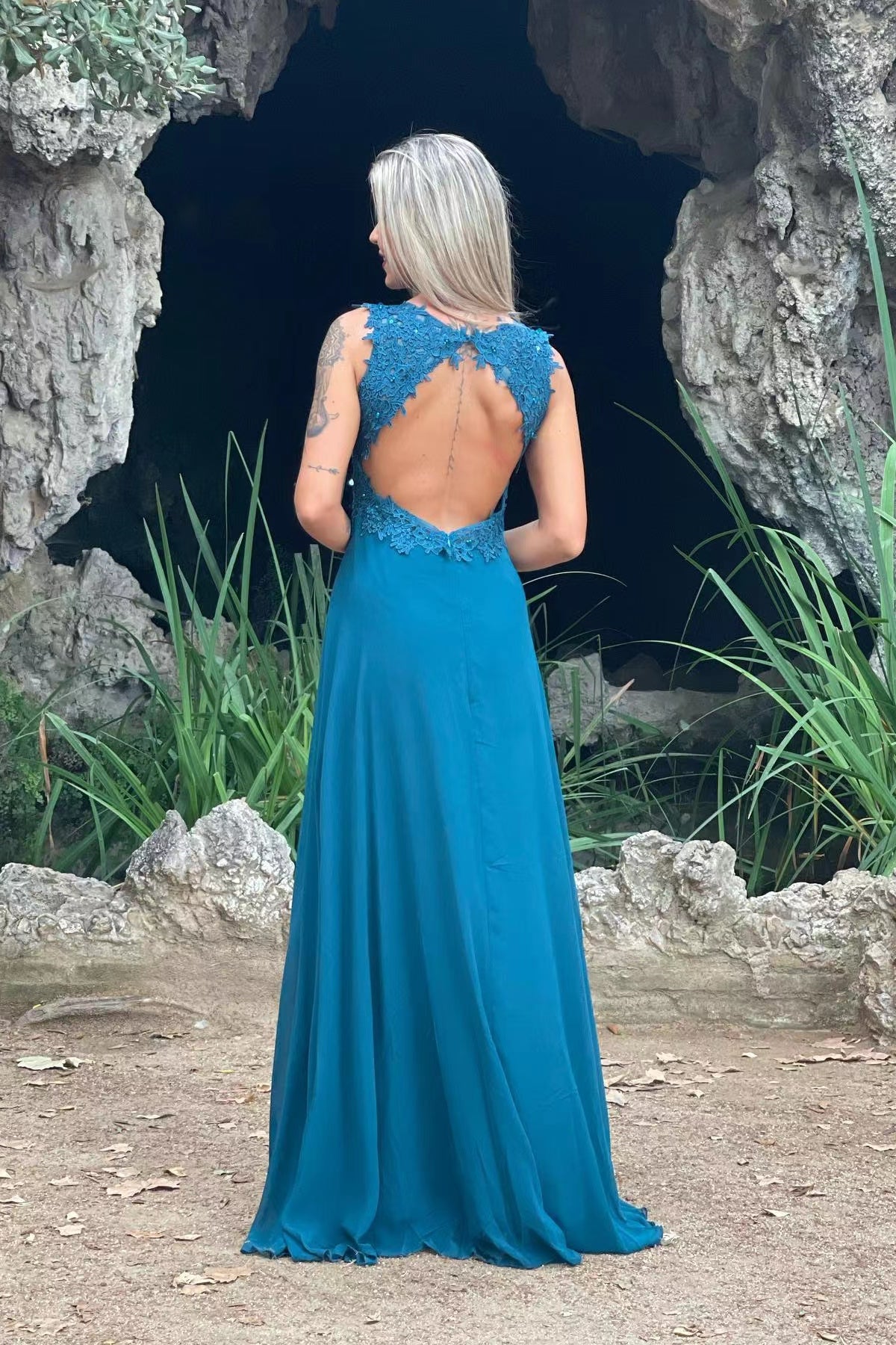 elegant chiffon evening dresses V Neck Split Front Chiffon Long Evening Dress with Elegant Appliques Lace