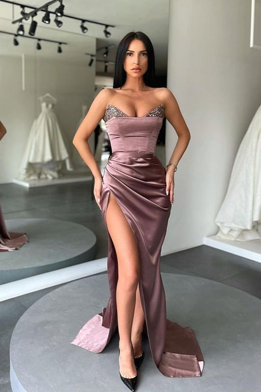 fitted lace wedding dress V-Neck Stain Mermaid Long Prom Dress with Sequins and Slit