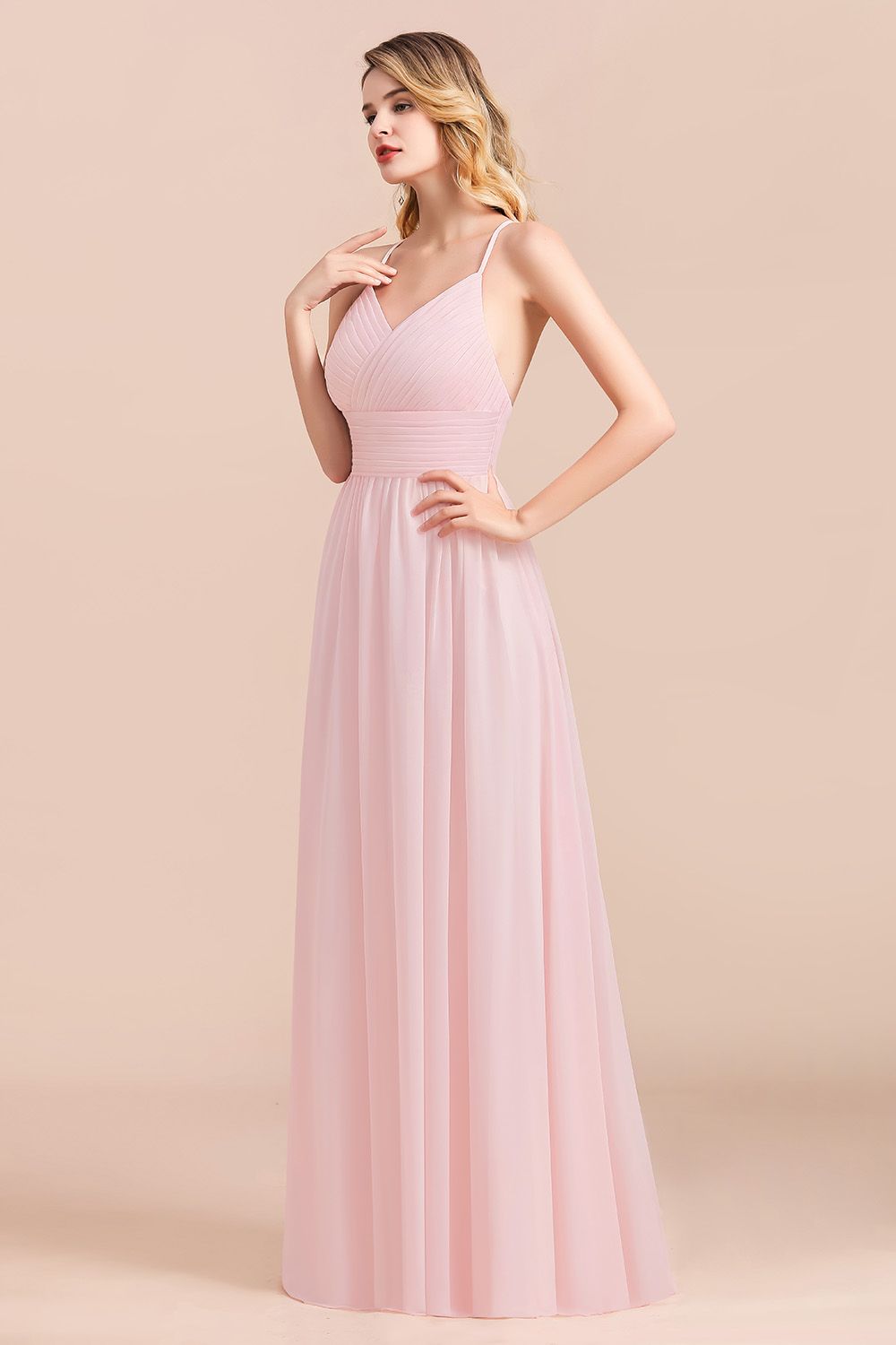 Vintage A-Line V-Neck Spaghetti Straps Chiffon Bridesmaid Dress Long Evening Dress