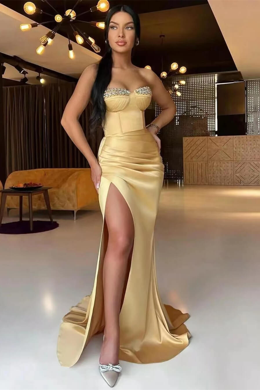 green emerald velvet dress Sweetheart Corset Split Rose Gold Prom Dresses main image 1