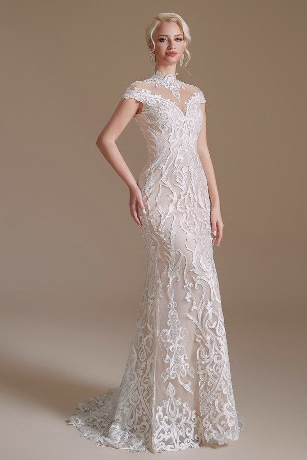 knee length dresses for ladies Vintage Long Mermaid High-Neck Lace Wedding Dress with Sleeves